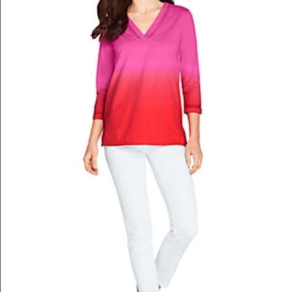Land’s End 3/4 sleeve V neck top Tangerine ombré pink cotton Medium Petite - Picture 2 of 11